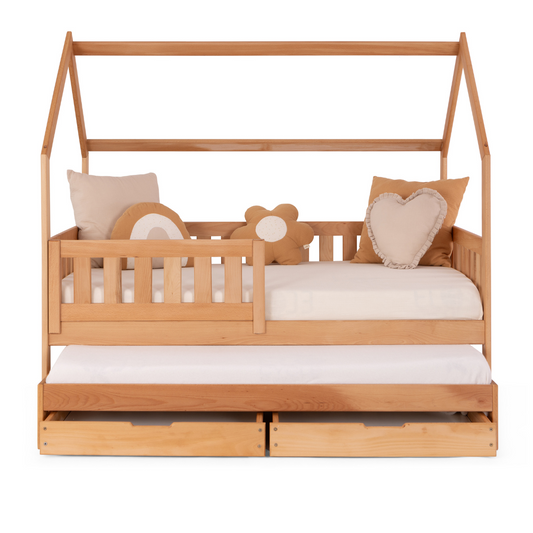 Iris Plus | Μοντεσσόρι Παιδικό Κρεβάτι Σπιτάκι από ξύλο οξιάς με 2ο Κρεβάτι & 2 Συρτάρια Αποθήκευσης | Κιτ Μετατροπής - HEBE KIDS HOME
