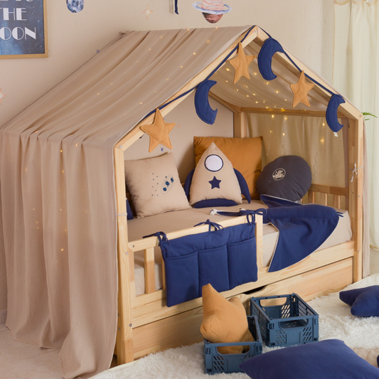 Παιδικό Κρεβάτι Σπιτάκι Montessori Olivia Plus – Με Δεύτερο κρεβάτι συρτάρι, Κιτ Μετατροπής, Φινίρισμα Μελισσοκέρι & ΔΩΡΟ Κουρτίνα - HEBE KIDS HOME