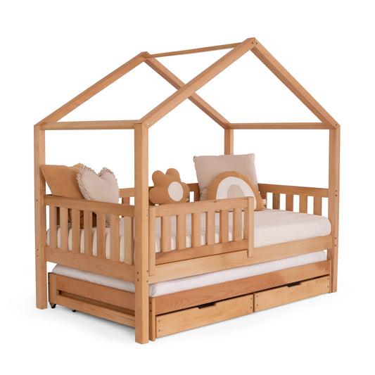 Peony Plus | Μοντεσσόρι Παιδικό Κρεβάτι Σπιτάκι από ξύλο οξιάς με 2ο Κρεβάτι & 2 Συρτάρια Αποθήκευσης | Κιτ Μετατροπής - HEBE KIDS HOME