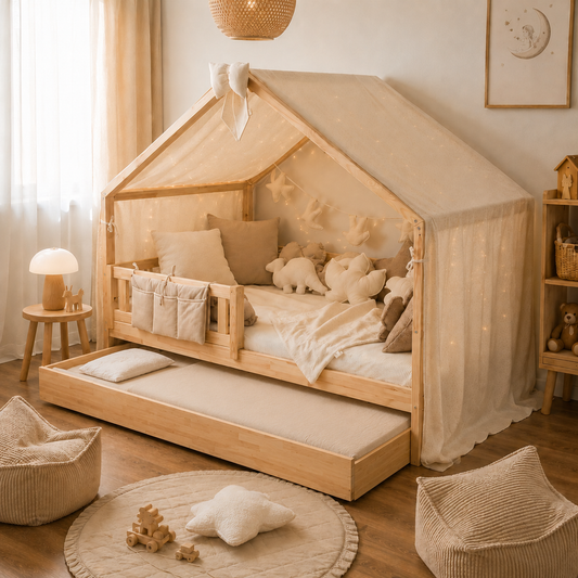 Παιδικό Κρεβάτι Σπιτάκι Montessori Olivia Plus – Με Δεύτερο κρεβάτι συρτάρι, Κιτ Μετατροπής & Φινίρισμα Μελισσοκέρι