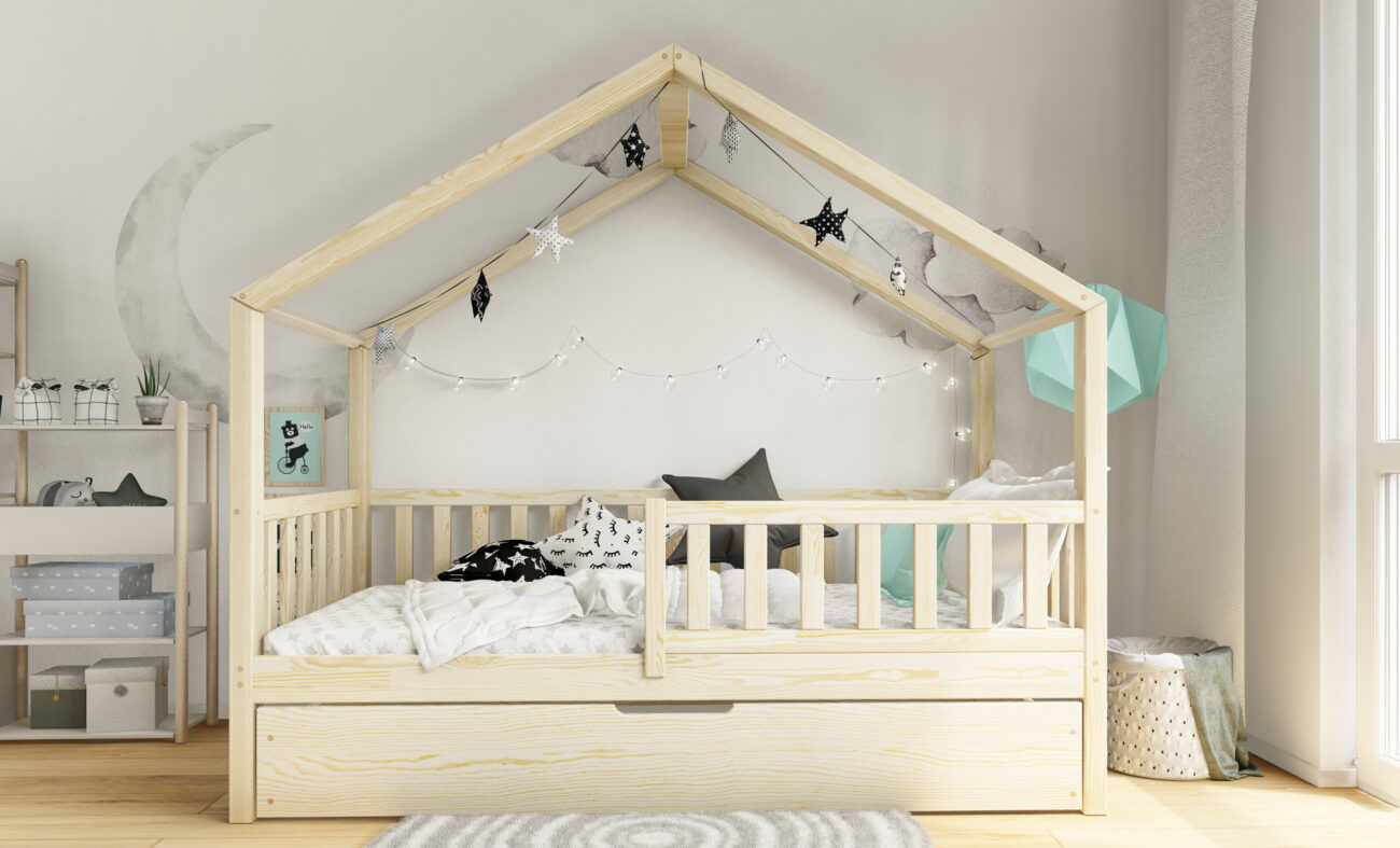 Peony | Μοντεσσόρι Παιδικό Κρεβάτι Σπιτάκι με συρτάρι αποθηκευτικό χώρο σε φυσικό χρώμα - HEBE KIDS HOME