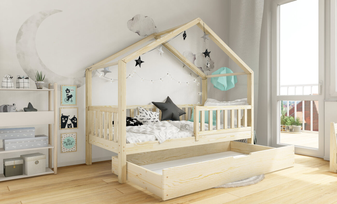 Peony | Μοντεσσόρι Παιδικό Κρεβάτι Σπιτάκι με συρτάρι αποθηκευτικό χώρο σε φυσικό χρώμα - HEBE KIDS HOME