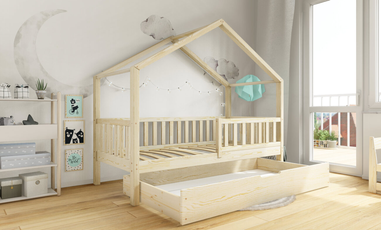 Peony | Μοντεσσόρι Παιδικό Κρεβάτι Σπιτάκι με συρτάρι αποθηκευτικό χώρο σε φυσικό χρώμα - HEBE KIDS HOME