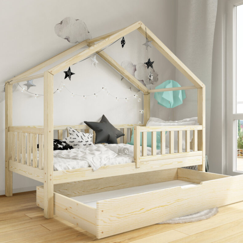 Peony | Μοντεσσόρι Παιδικό Κρεβάτι Σπιτάκι με συρτάρι αποθηκευτικό χώρο σε φυσικό χρώμα - HEBE KIDS HOME