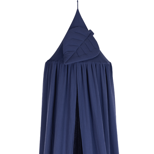 Παιδικό canopy σε μπλε χρώμα από βαμβακερή μουσελίνα με διακοσμητικό φύλλο – Hebe Kids Home