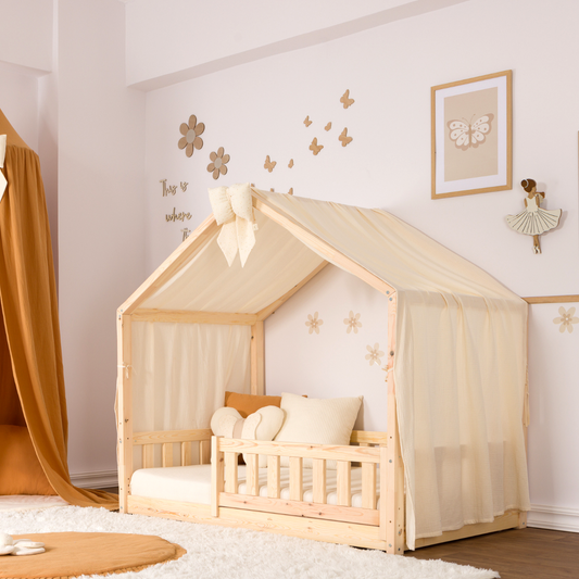 Παιδικό κρεβάτι σπιτάκι Montessori Olivia από φυσικό ξύλο πεύκου με κουρτίνα δώρο