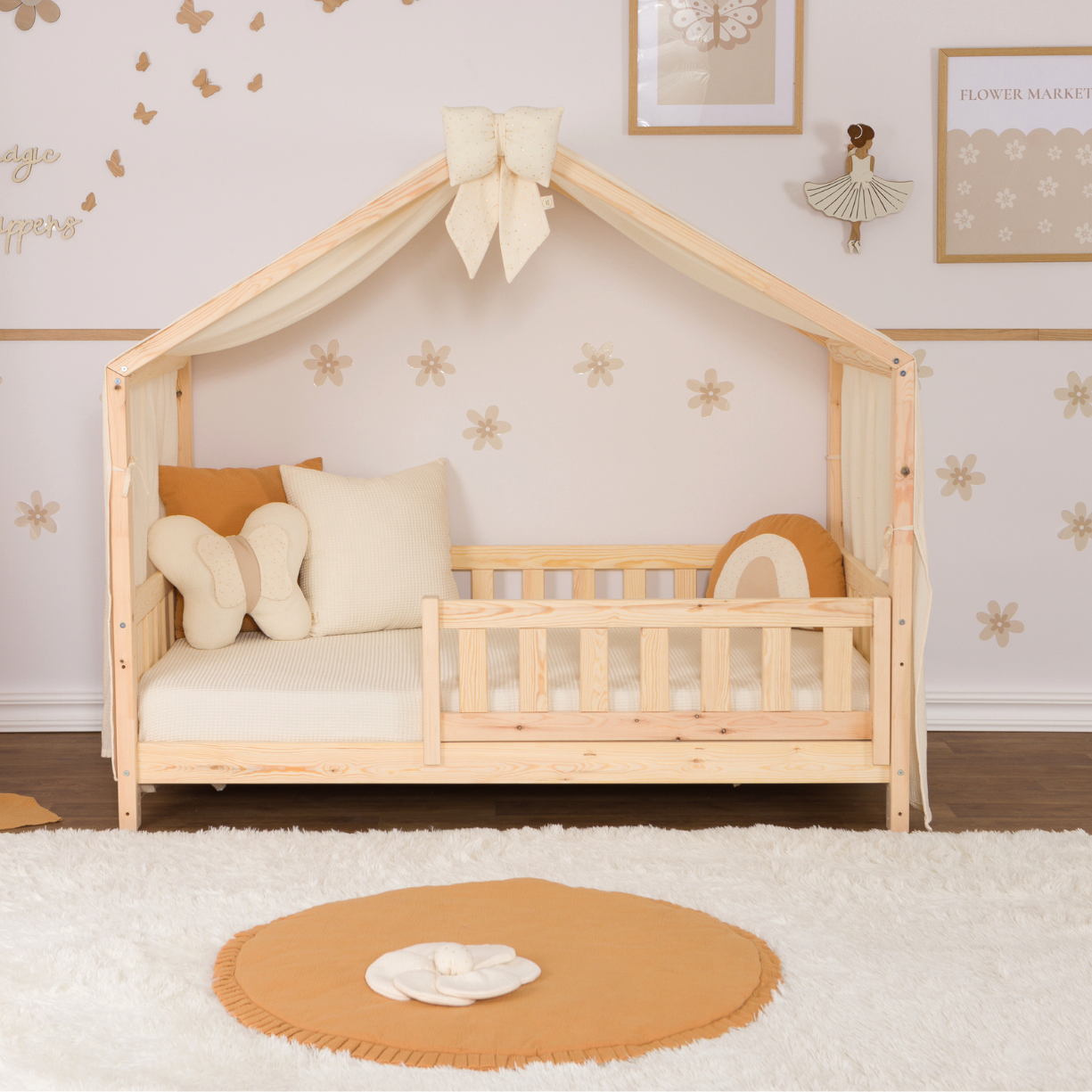 Παιδικό Κρεβάτι Σπιτάκι Montessori Olivia – Με Κιτ Μετατροπής, Ρυθμιζόμενο Ύψος, Φινίρισμα Μελισσοκέρι & ΔΩΡΟ Κουρτίνα - HEBE KIDS HOME