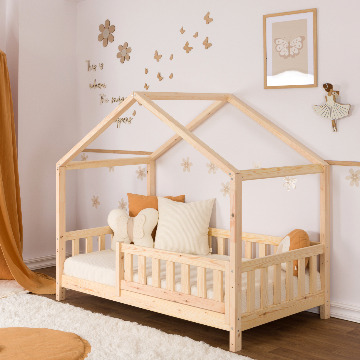 Παιδικό Κρεβάτι Σπιτάκι Montessori Olivia – Με Κιτ Μετατροπής, Ρυθμιζόμενο Ύψος, Φινίρισμα Μελισσοκέρι & ΔΩΡΟ Κουρτίνα - HEBE KIDS HOME