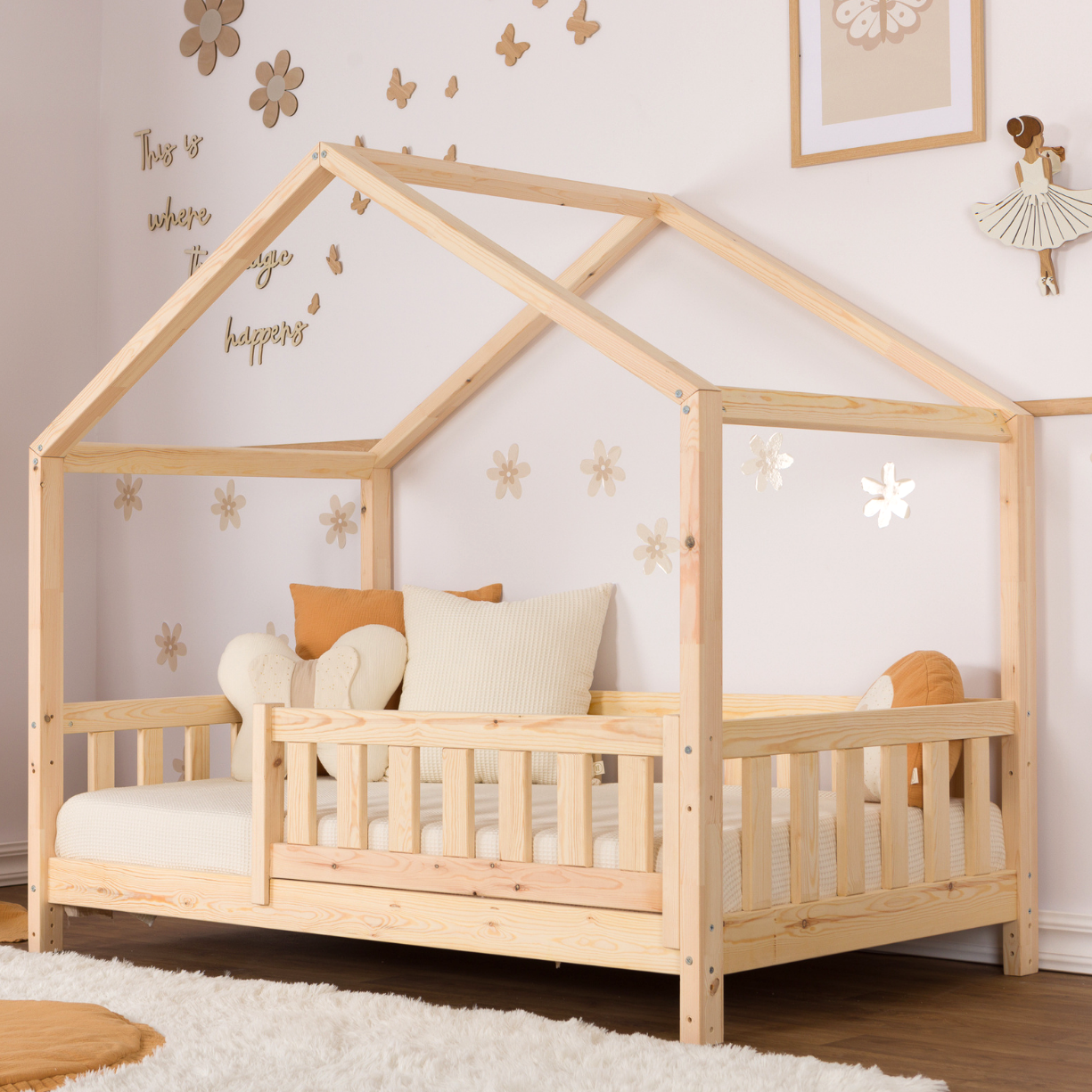 Παιδικό Κρεβάτι Σπιτάκι Montessori Olivia – Με Κιτ Μετατροπής, Ρυθμιζόμενο Ύψος, Φινίρισμα Μελισσοκέρι & ΔΩΡΟ Κουρτίνα - HEBE KIDS HOME