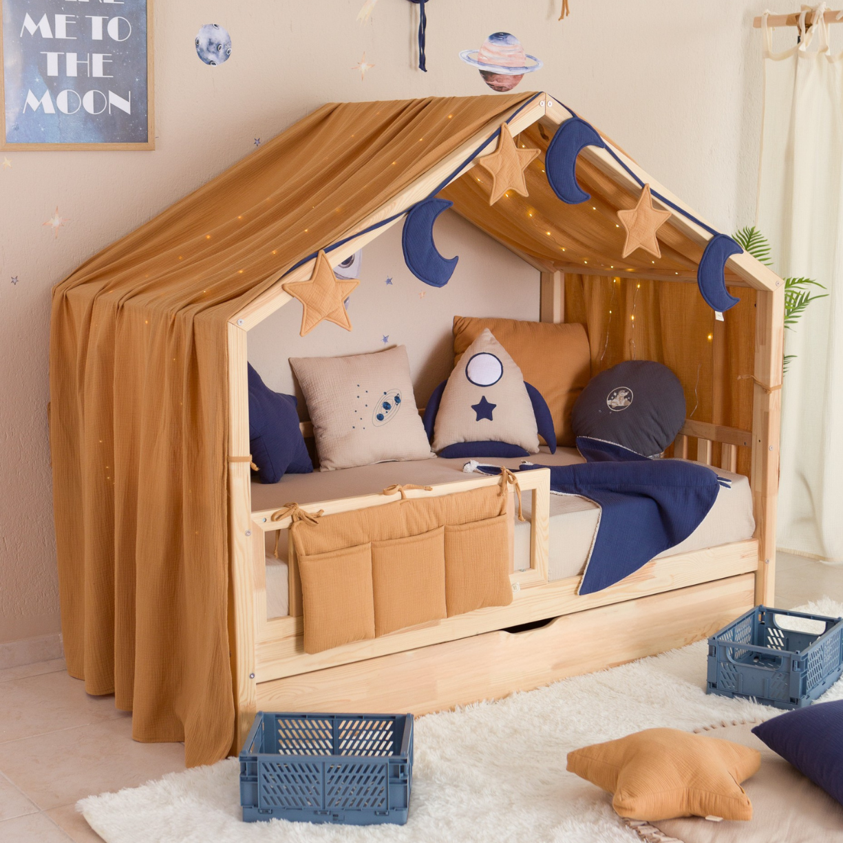 Παιδικό Κρεβάτι Σπιτάκι Montessori Olivia Plus – Με Δεύτερο κρεβάτι συρτάρι, Κιτ Μετατροπής, Φινίρισμα Μελισσοκέρι & ΔΩΡΟ Κουρτίνα - HEBE KIDS HOME