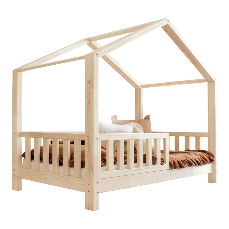 HouseBed | Μοντεσσόρι Παιδικό Κρεβάτι Σπιτάκι με προστατευτικό κάγκελο σε φυσικό ξύλο -10% έκπτωση στο στρώμα - HEBE KIDS HOME