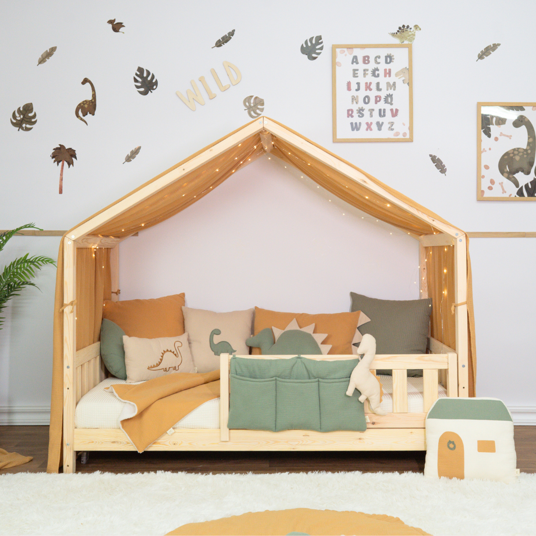 Παιδικό Κρεβάτι Σπιτάκι Montessori Olivia – Με Κιτ Μετατροπής, Ρυθμιζόμενο Ύψος, Φινίρισμα Μελισσοκέρι & ΔΩΡΟ Κουρτίνα - HEBE KIDS HOME