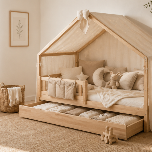 Παιδικό Κρεβάτι Σπιτάκι Montessori Olivia Plus – Με Δεύτερο κρεβάτι συρτάρι, Κιτ Μετατροπής & Φινίρισμα Μελισσοκέρι