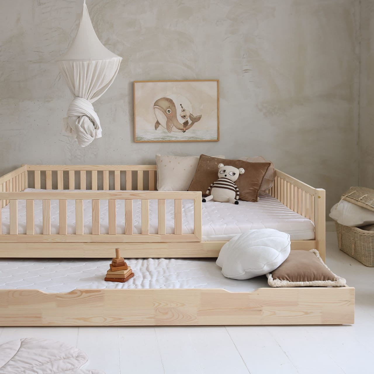 Κρεβάτι Basic Love Plus 140x200cm Με Δεύτερο Κρεβάτι και Προστατευτικό Κάγκελο 2/3 Φυσικό Ξύλο - HEBE KIDS HOME