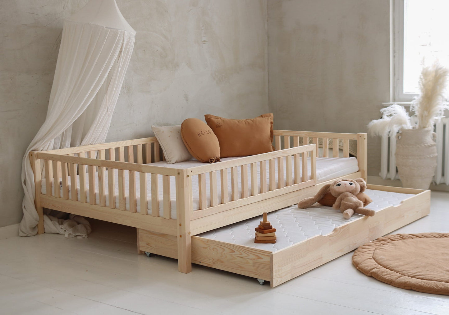 Κρεβάτι Basic Love Plus 140x200cm Με Δεύτερο Κρεβάτι και Προστατευτικό Κάγκελο 2/3 Φυσικό Ξύλο - HEBE KIDS HOME