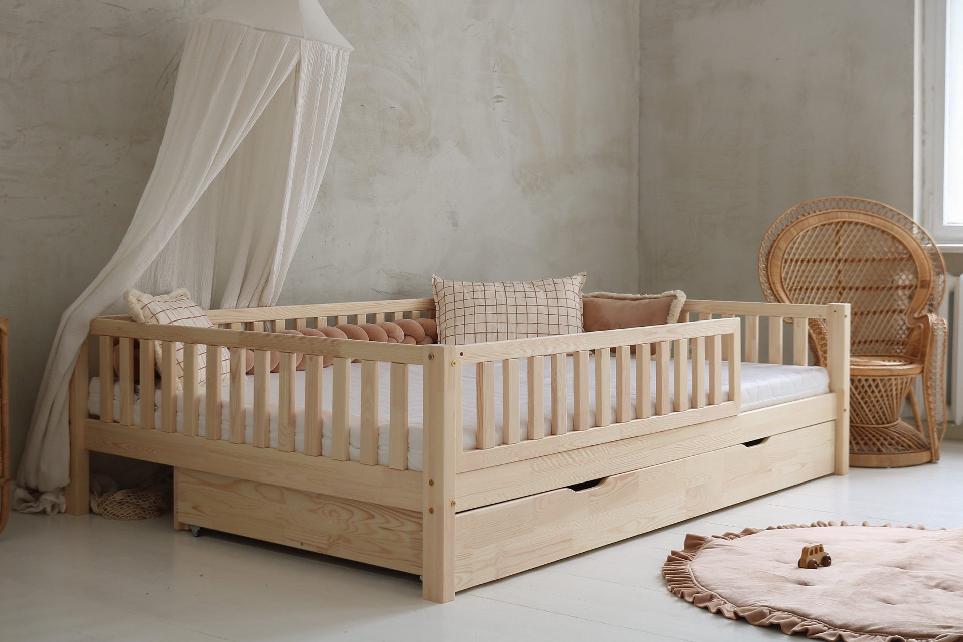 Κρεβάτι Basic Love Plus 140x200cm Με Δεύτερο Κρεβάτι και Προστατευτικό Κάγκελο 2/3 Φυσικό Ξύλο - HEBE KIDS HOME