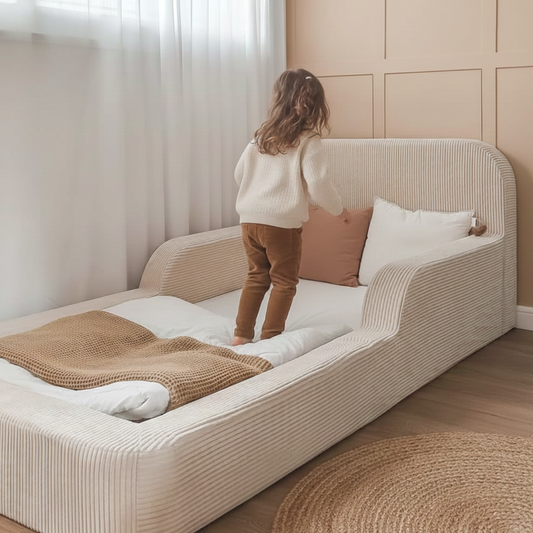 Χαμηλό παιδικό κρεβάτι Montessori από αφρώδες υλικό σε κρεμ χρώμα
